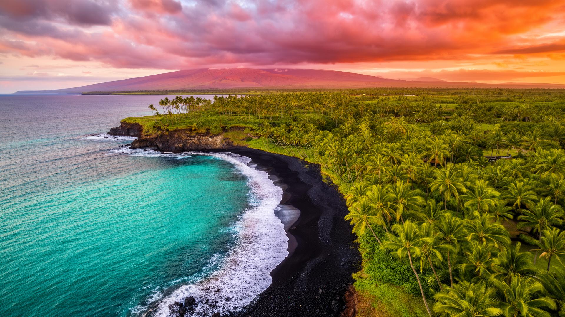 Aerial view of Hawaii Big Island coastline at sunset